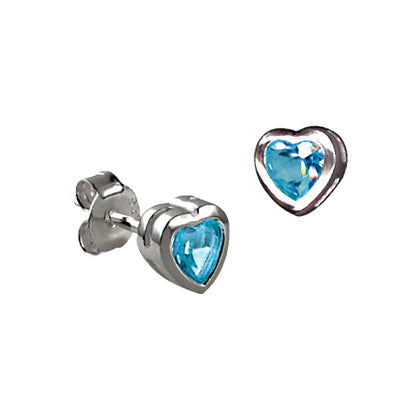 Sterling Silver Bezel Set Blue Topaz Cubic Zirconia Heart Stud Earrings