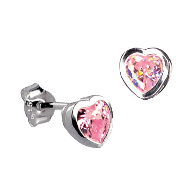Sterling silver pink cubic zirconia bezel set heart studs
