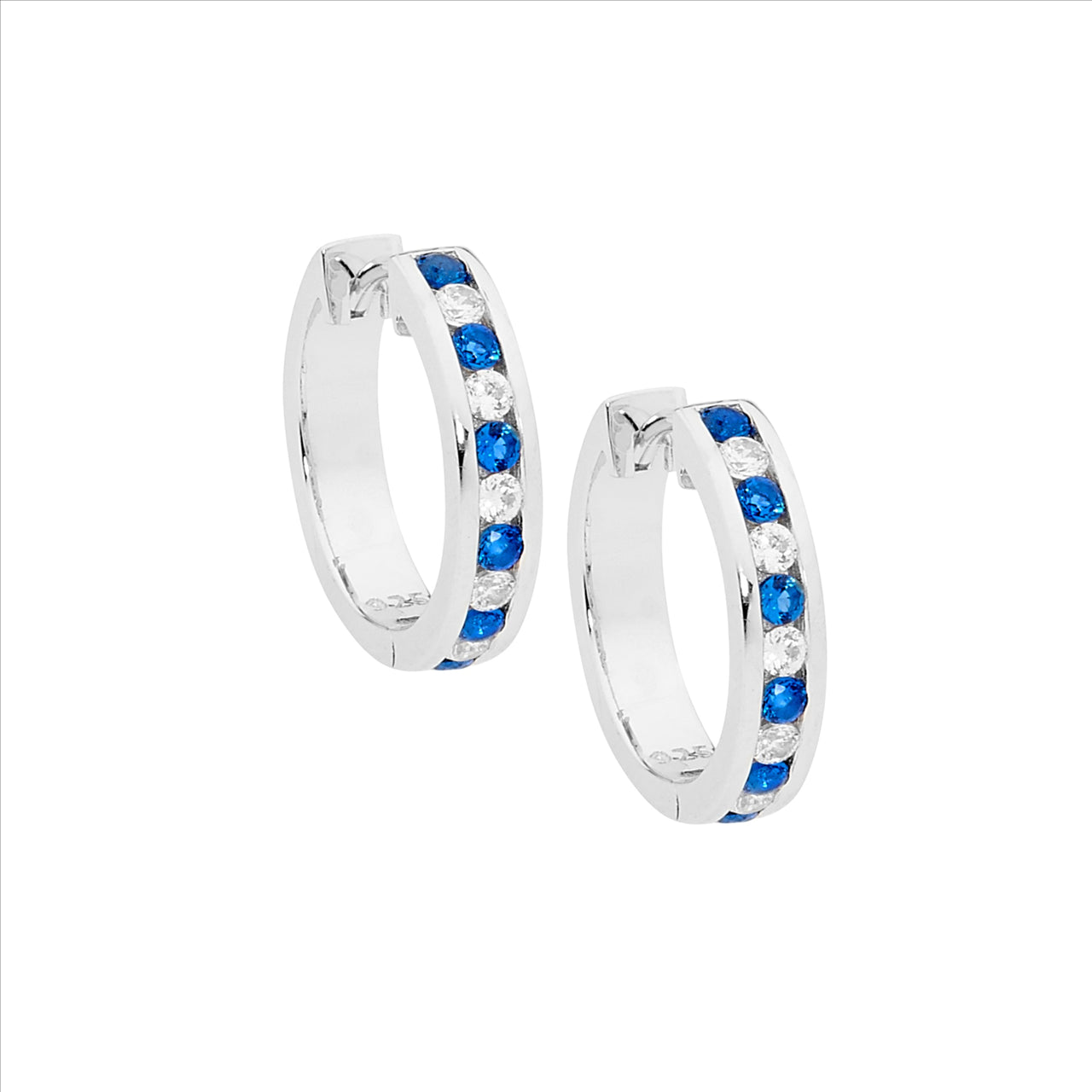Sterling silver dark blue & white cubic zirconia channel set 1.8mm hoop earrings