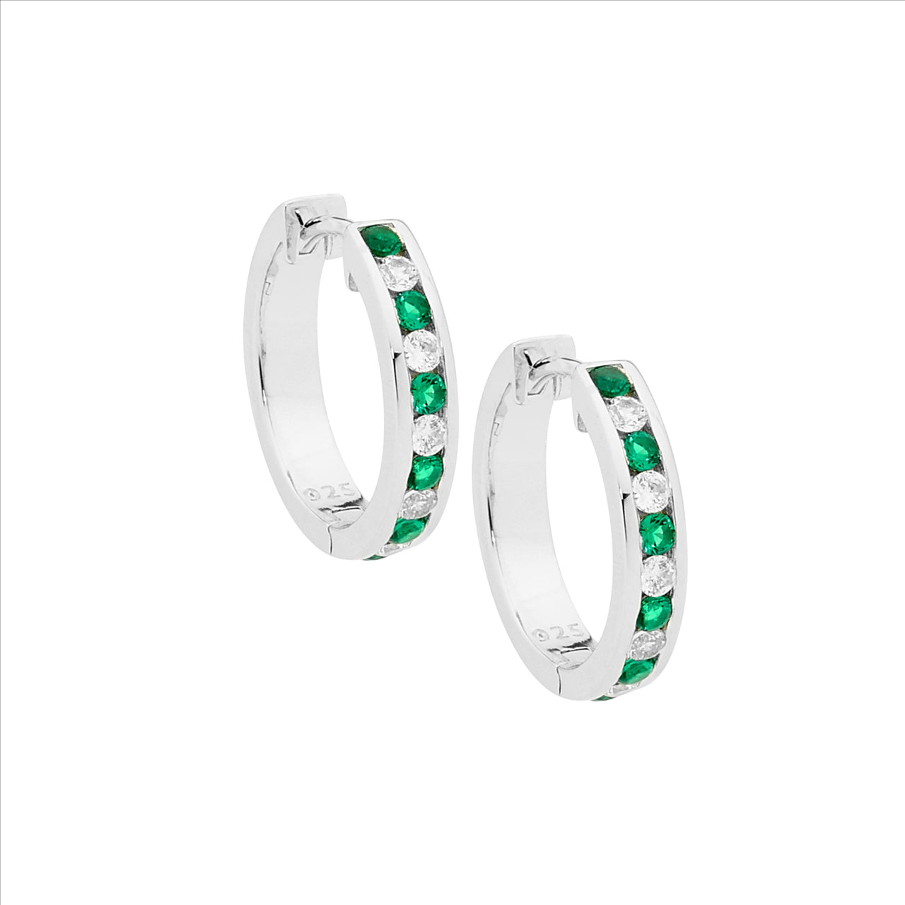 Sterling silver green & white cubic zirconia channel set 1.8mm hoop earrings