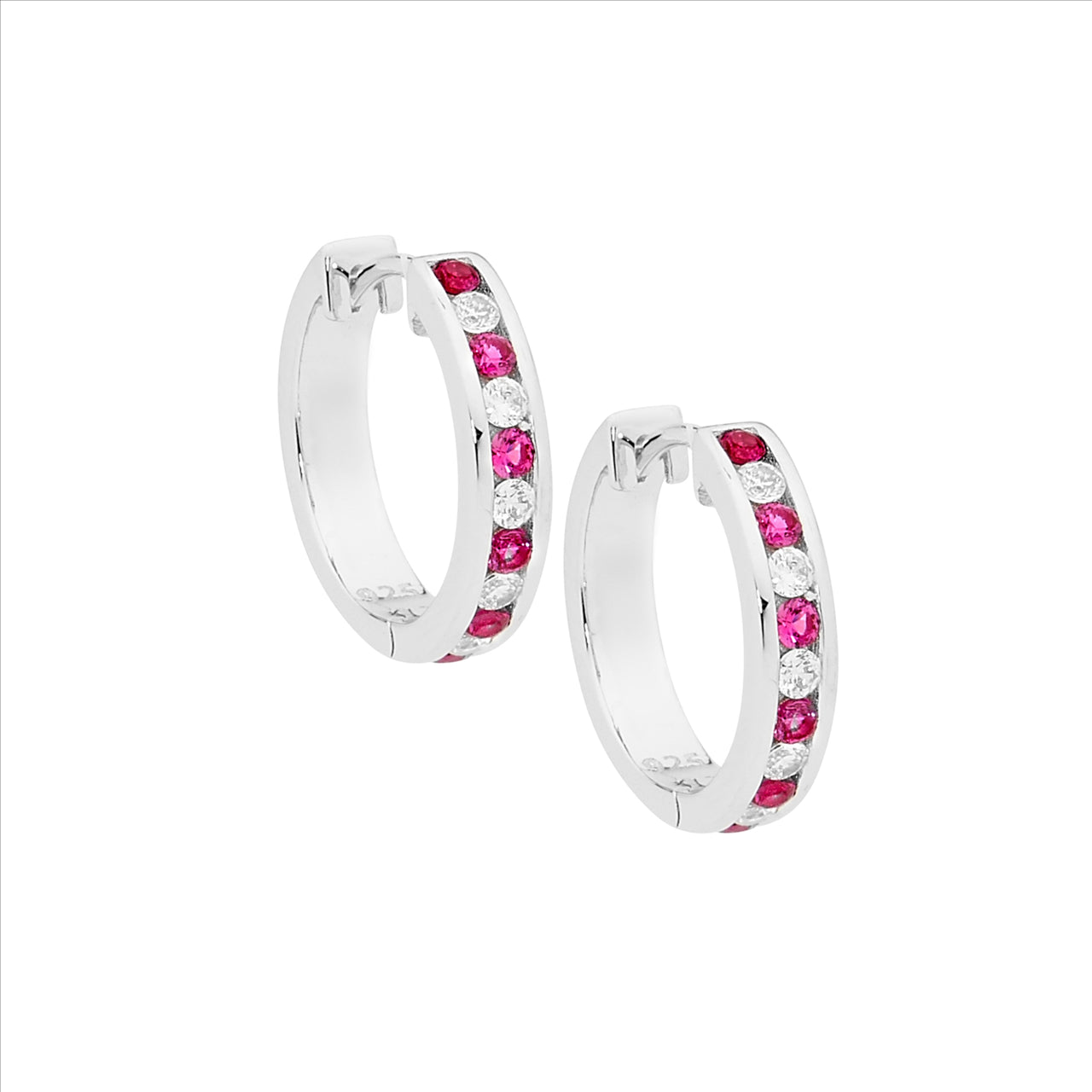 Sterling Silver Red & White Cubic Zirconia Channel Set 18mm Hoop Earrings