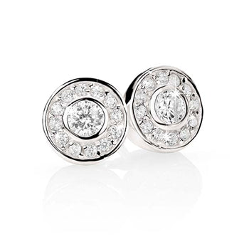 Sterling Silver Round Bezel Set Cubic Zirconia With Pave Set Halo Surround Stud Earrings