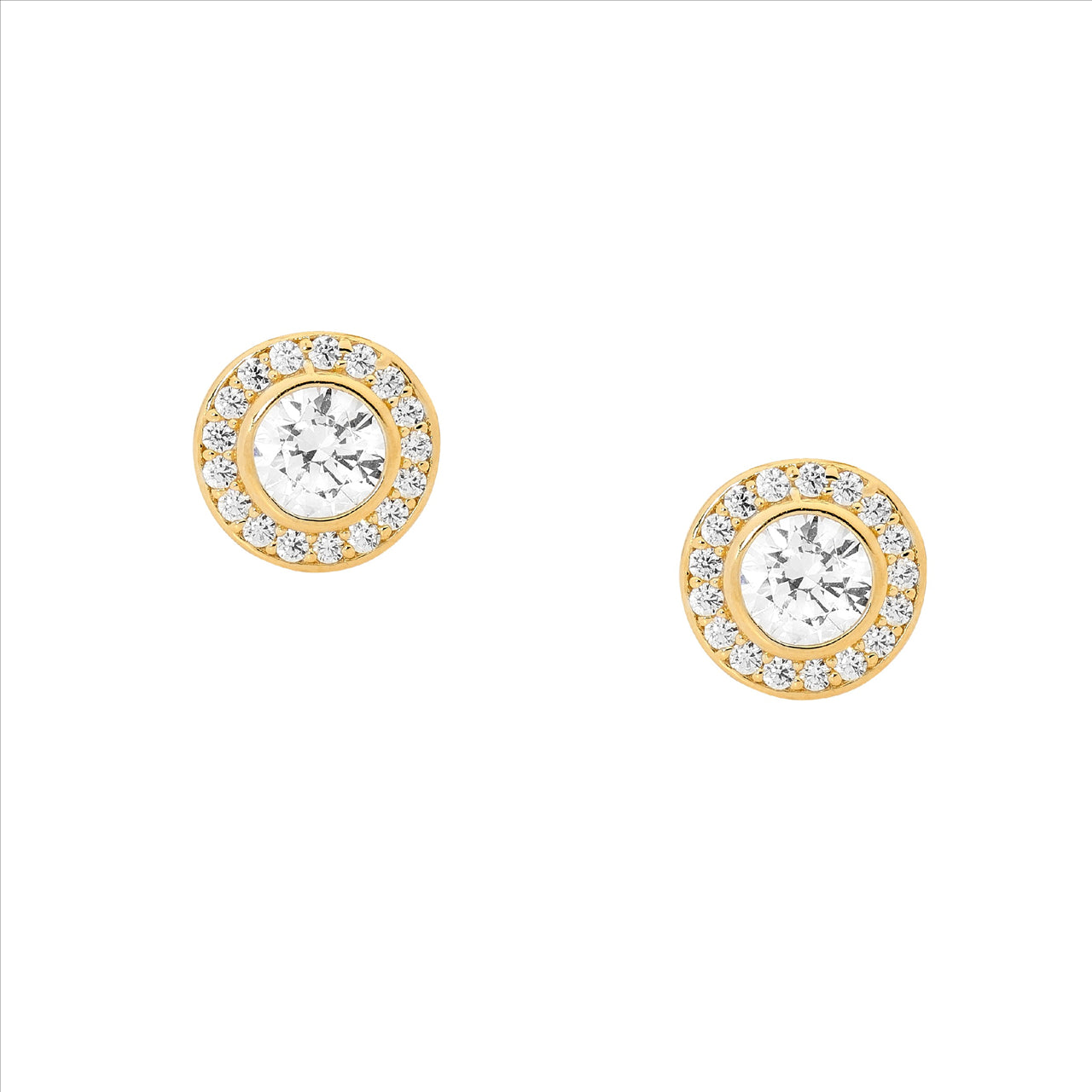 Gold Plated Sterling Silver Round White Cubic Zirconia With Cubic Zirconia Halo Stud Earrings