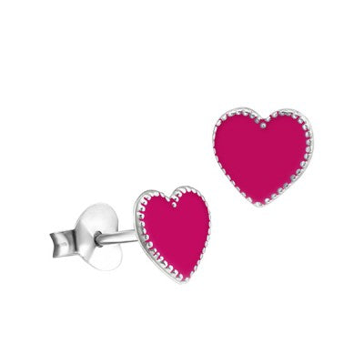 Sterling Silver Hot Pink Enamel Heart Studs