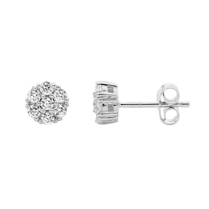 Sterling Silver White Cubic Zirconia Crown Cluster Stud Earrings