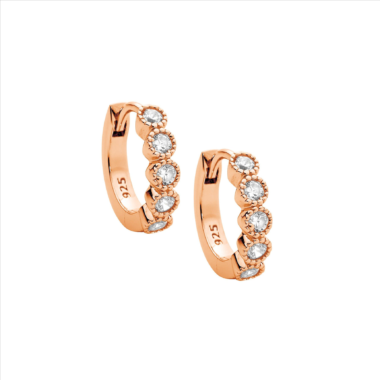 Rose Gold Plated Sterling Silver White Cubic Zirconia Crown Set Hoop Earrings