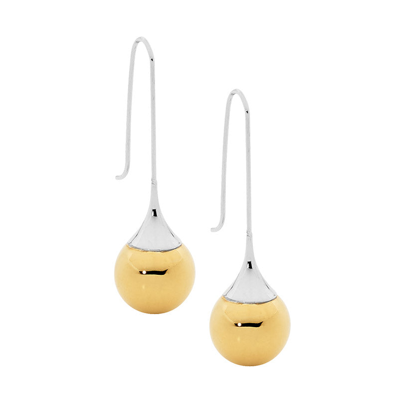 Stainless Steel Long Drop Earrings With Gold IP Plated Ball