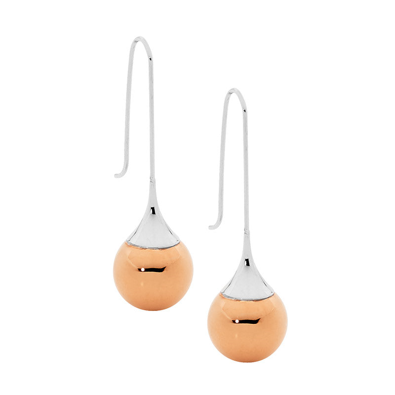 Stainless Steel Long Drop Earrings With Rose Gold Ip Plated Ball