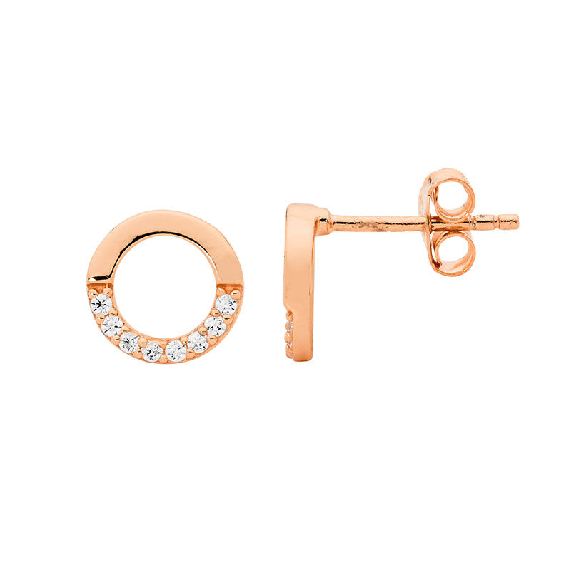 Sterling Silver Rose Gold Plated 9mm Open Circle Stud Earrings With White Cubic Zirconia's