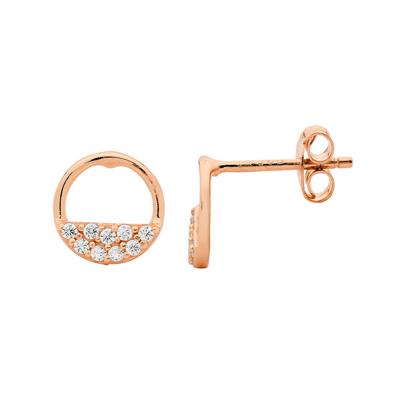 Sterling Silver Rose Gold Plated 9mm Open Circle Earrings Set With White Cubic Zirconia's