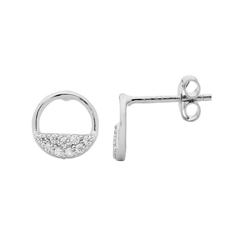 Strling Silver 9mm Open Circle Earrings Set With White Cubic Zirconia's