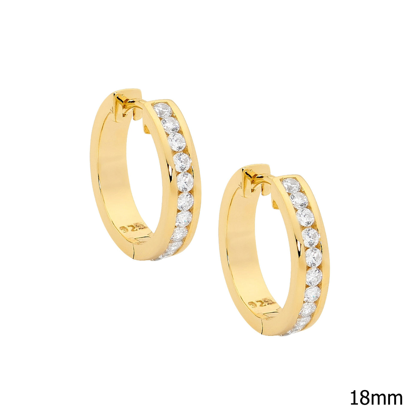 Sterling Silver Gold Plated 18m Hoop Earrings With Channel Set White Cubic Zirconias