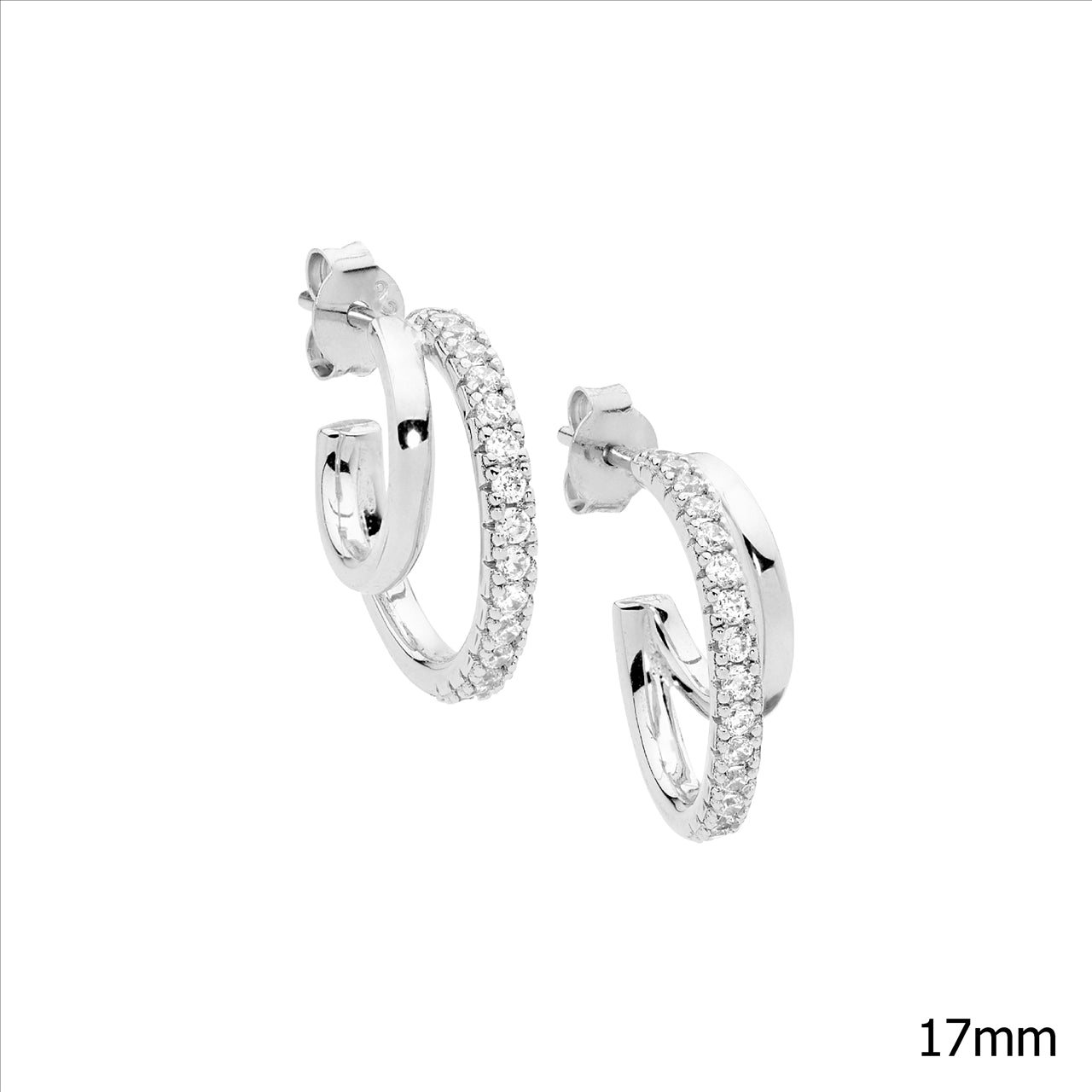 Sterling Silver 17mm Double Hoop Stud Earrings Set With White Cubic Zirconia's