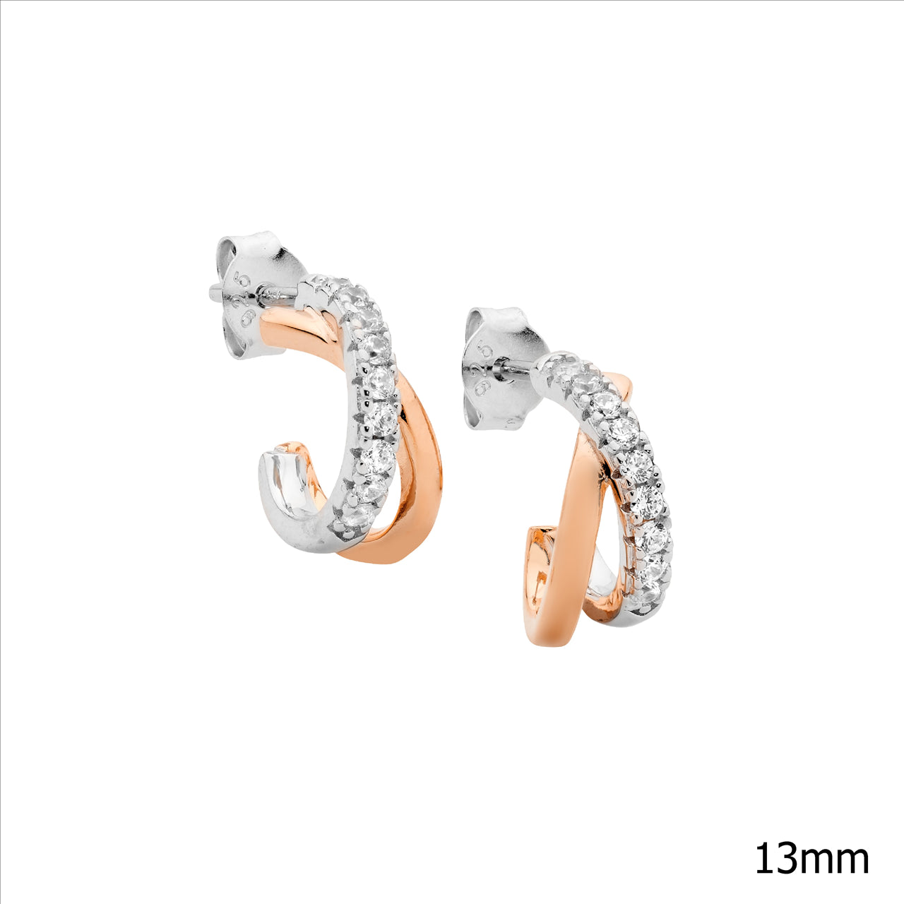 Sterling Silver Rose Gold Plated 13mm Cross Over Hoop Stud Earrings Set With White Cubic Zirconia's