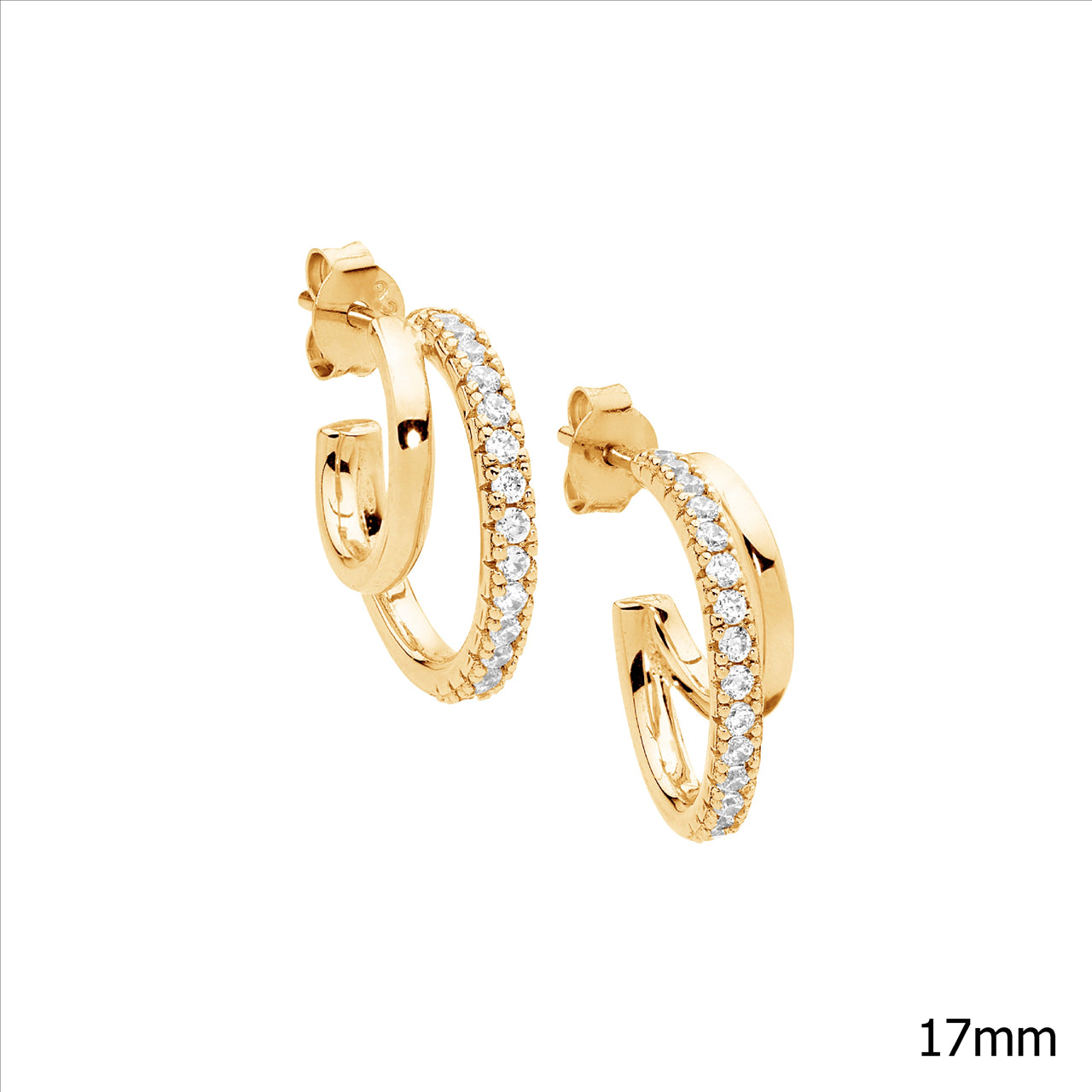 Sterling Silver Gold Plated 17mm Double Hoop Stud Earrings Set With White Cubic Zirconia's