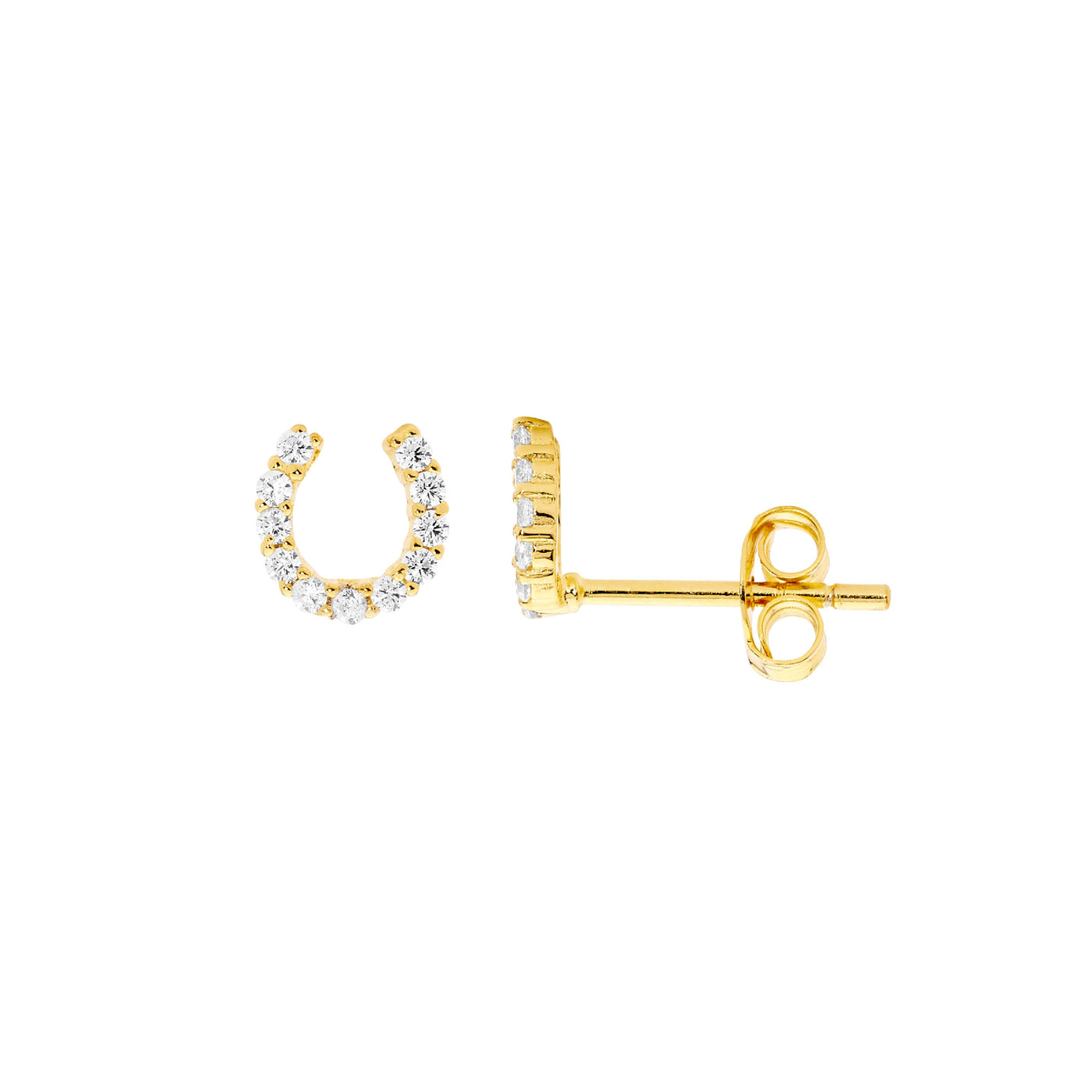 Gold Plated Sterling Silver 6mm Small Horse Shoe Stud Earrings With White Cubic Zirconia's