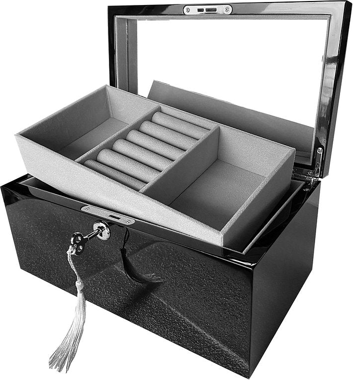 Black Wooden Jewel Box - Medium Size With Top Tray And Key Lock