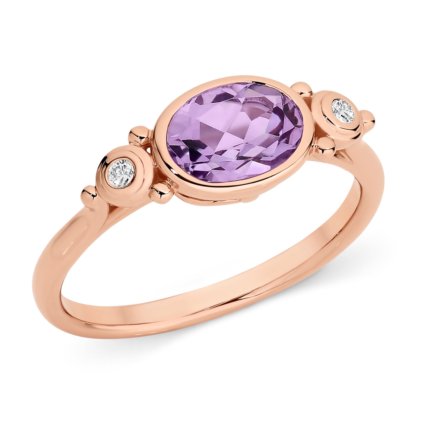 9ct Rose Gold Bezel Set Amythest And Diamond Dress Ring
