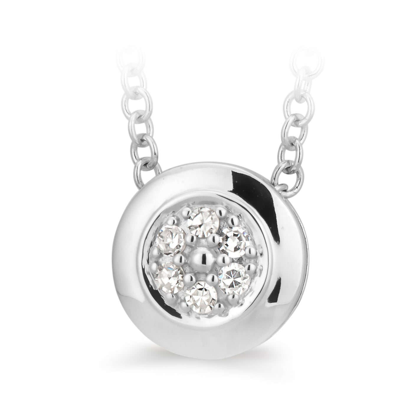 9ct white gold bead set diamond pendant with six diamonds with plated chain TDW = 0.05ct Diamond grade = IJK/PQ1 single cut