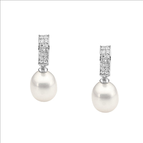 Sterling silver with white cubic zirconia 2 row pave set half hoop drop with freshwater pearl earrings