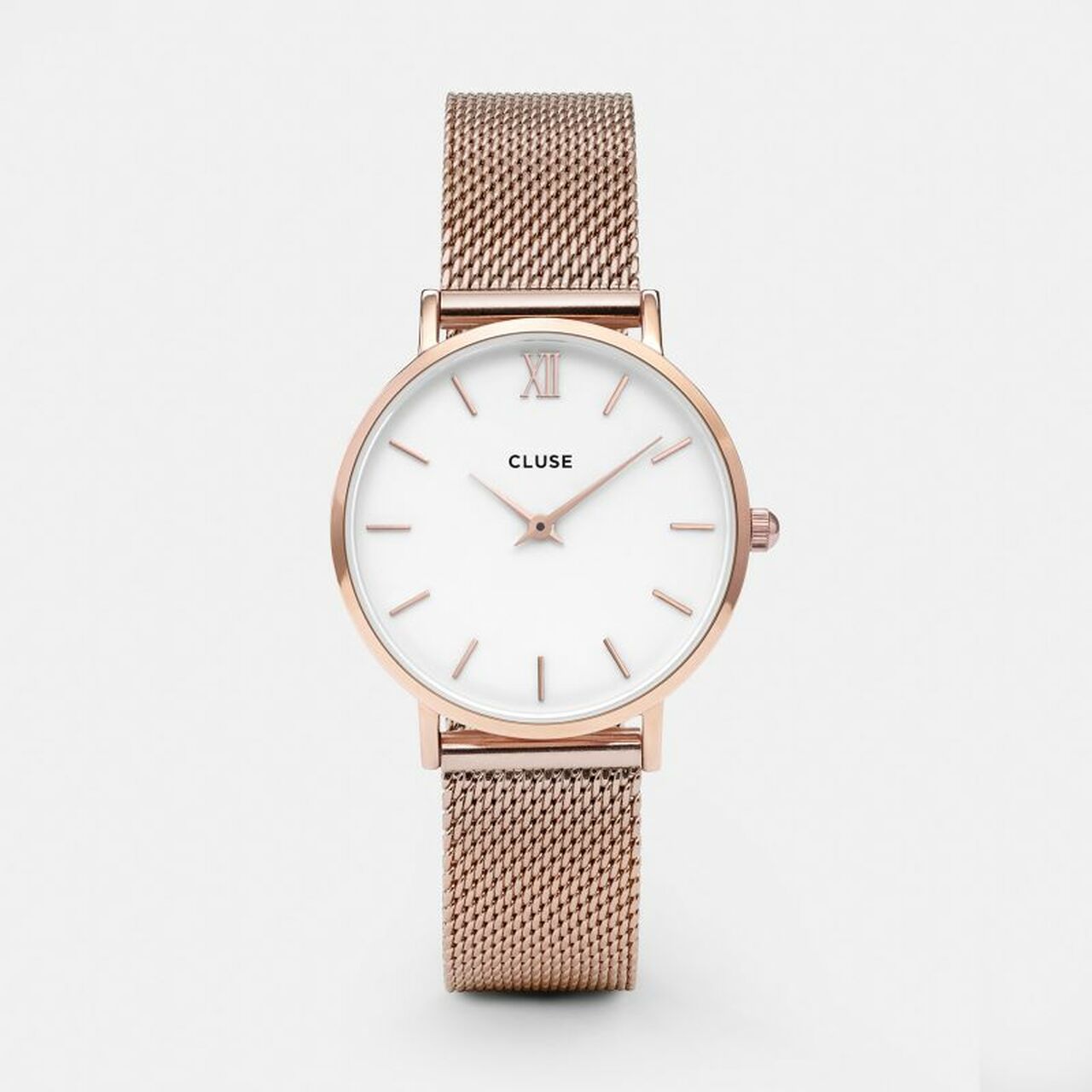 Cluse Minuit Womens Watch with Rose Gold Case, White Dial and Rose Gold Stainless Steel Mesh Strap