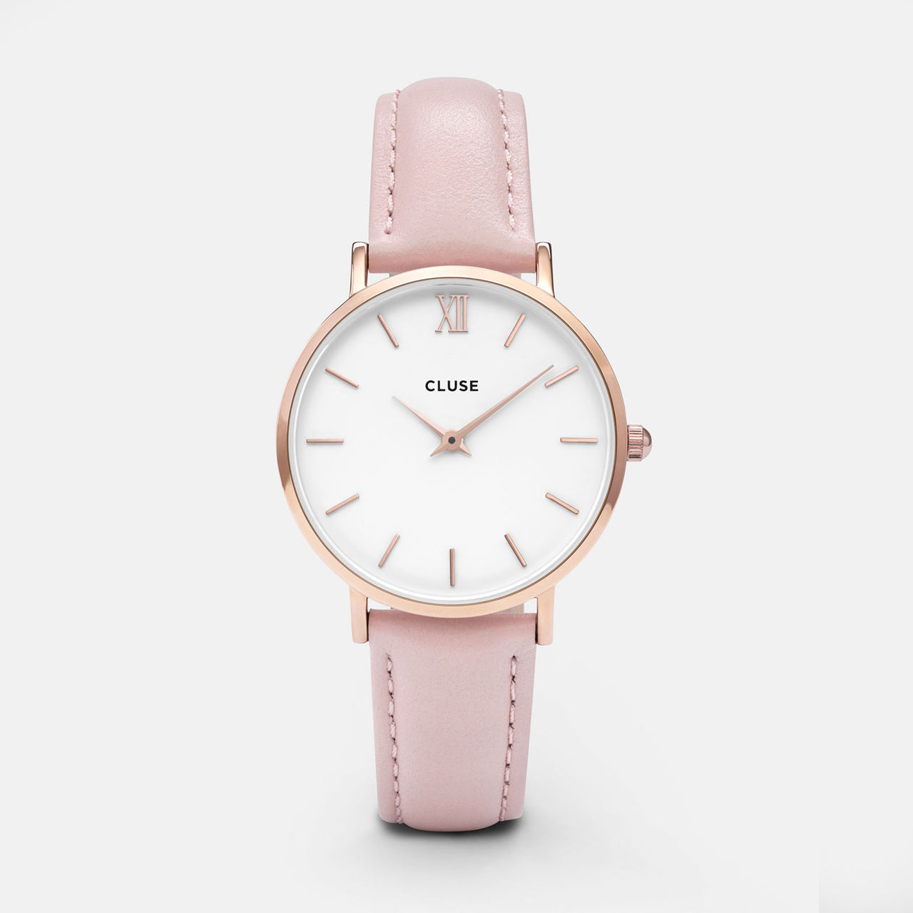 Cluse minuit ladies watch with rose gold case, white dial and pink leather strap