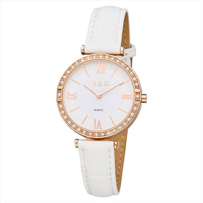 Ladies Rose Gold Plated JAG with White Leather Strap