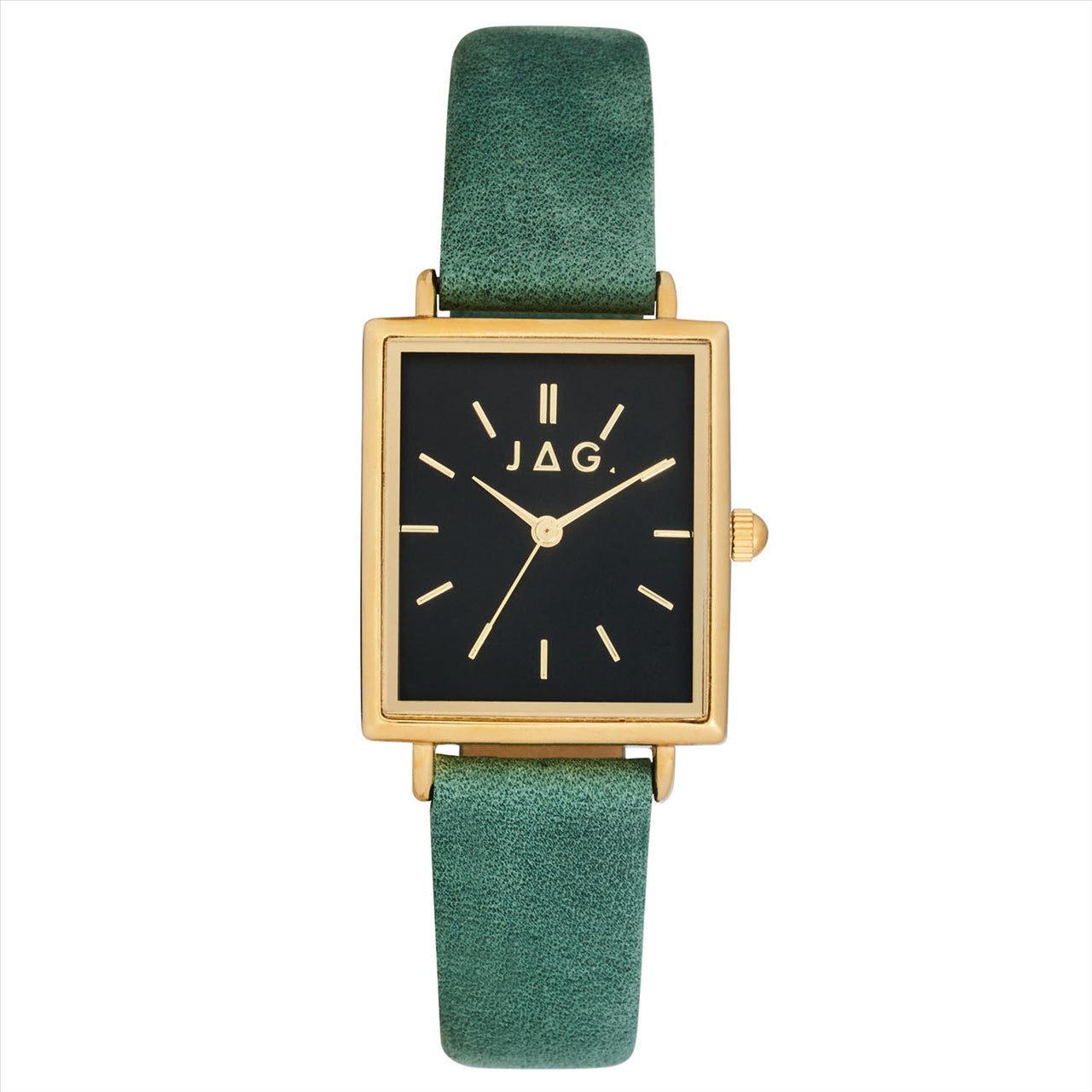 Ladies Gold Plated JAG Watch With Black Dial And Green Leather Strap