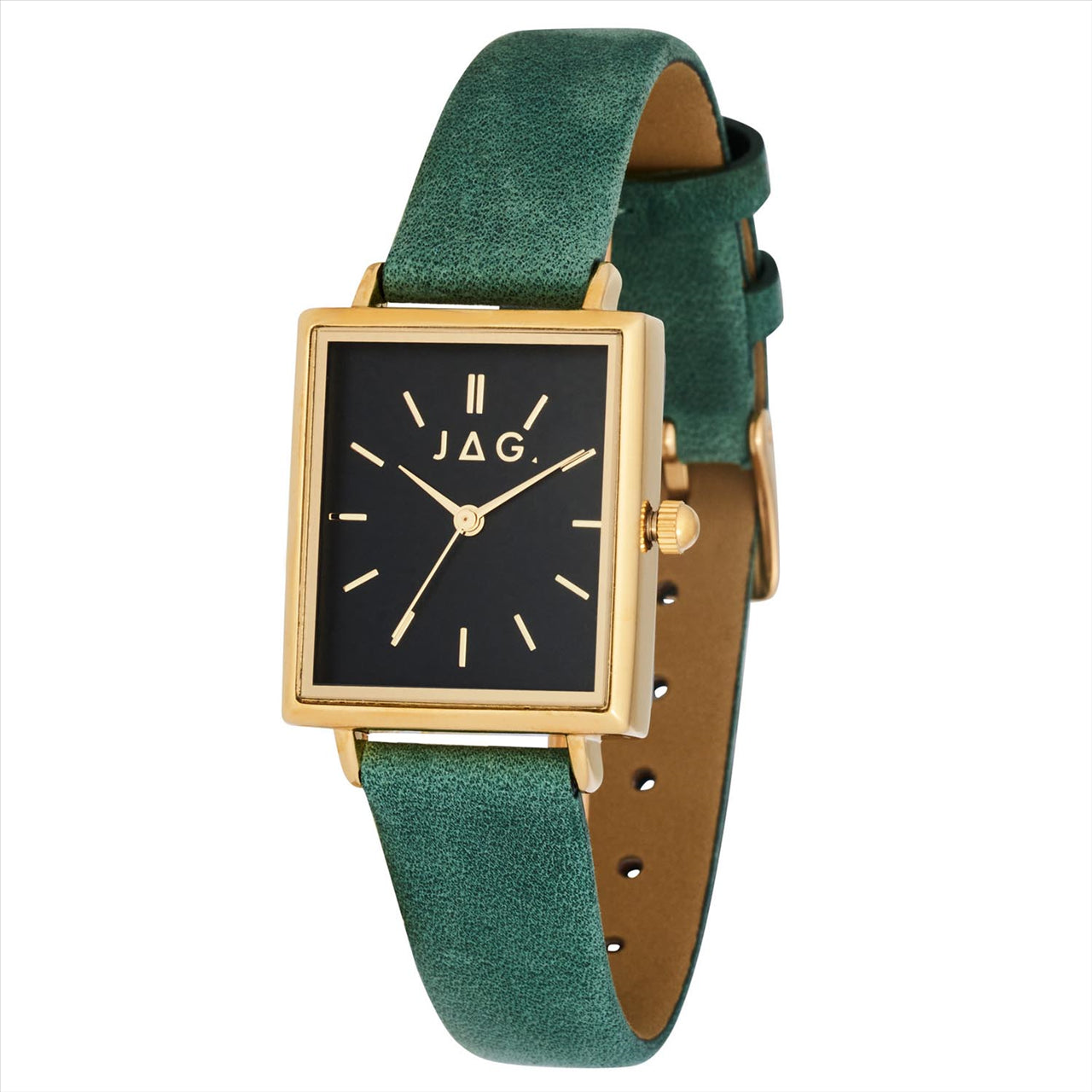 Ladies Gold Plated JAG Watch With Black Dial And Green Leather Strap