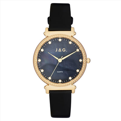 Ladies Gold Plated JAG Watch With Black Leather Strap