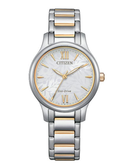 Ladies 2 tone stainless steel CITIZE Eco Drive with Mother of Pearl dial and 2 tone stainless steel bracelet band