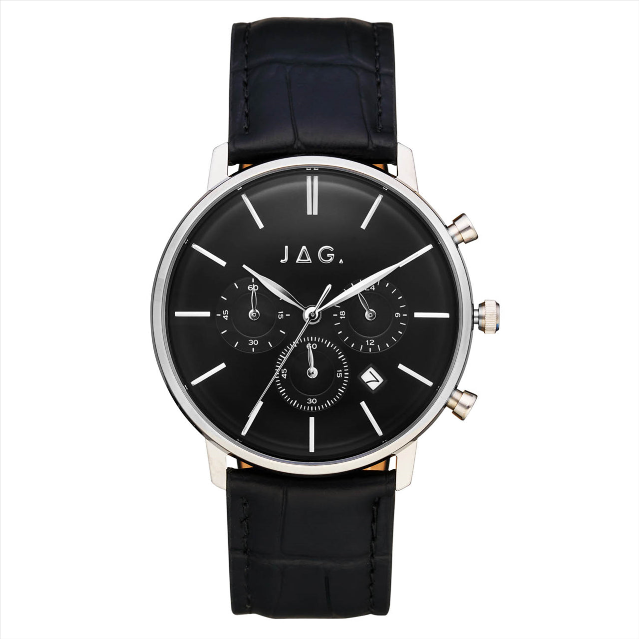 Gents Stainless Steel JAG Watch With Black Dial and Black Leather Strap