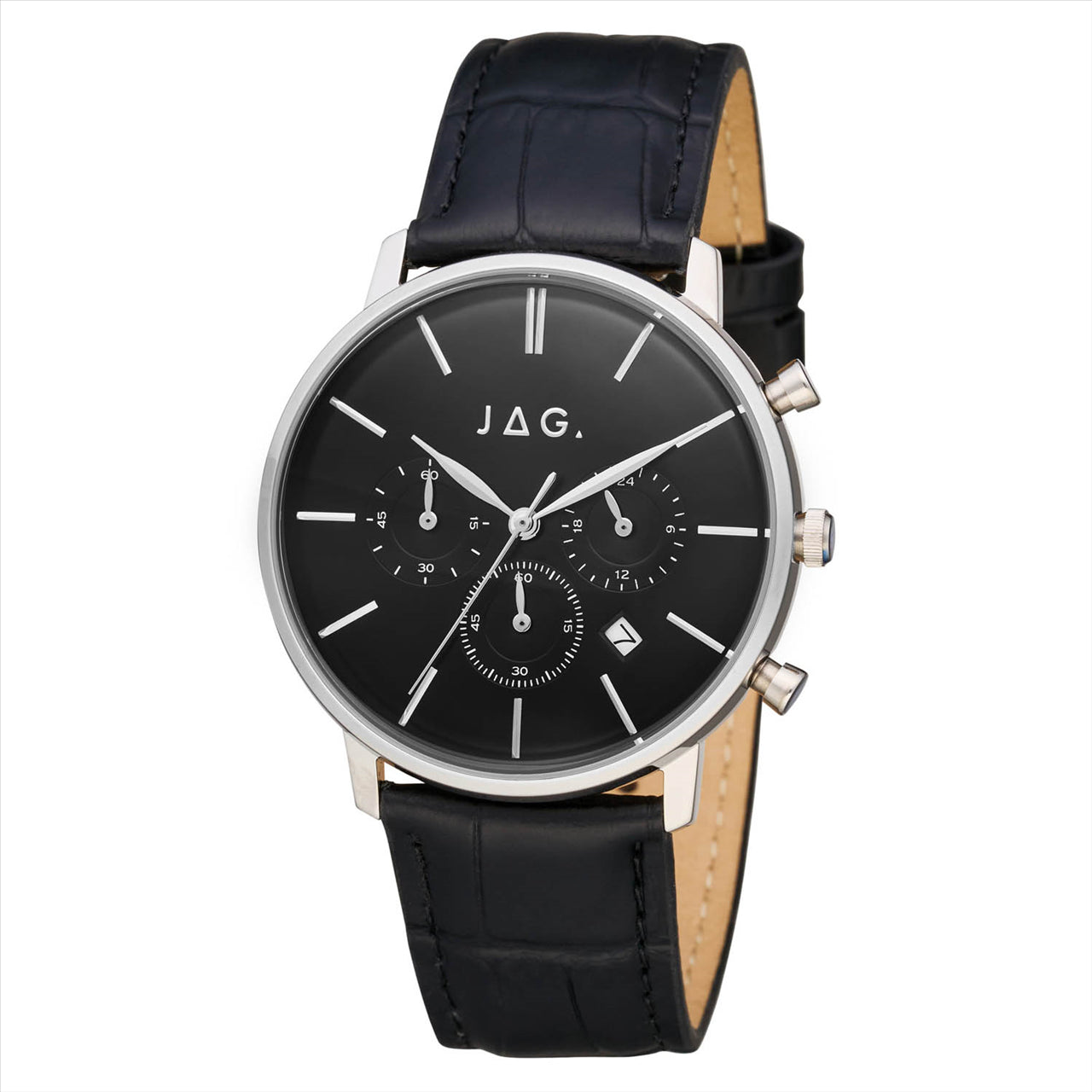 Gents Stainless Steel JAG Watch With Black Dial and Black Leather Strap