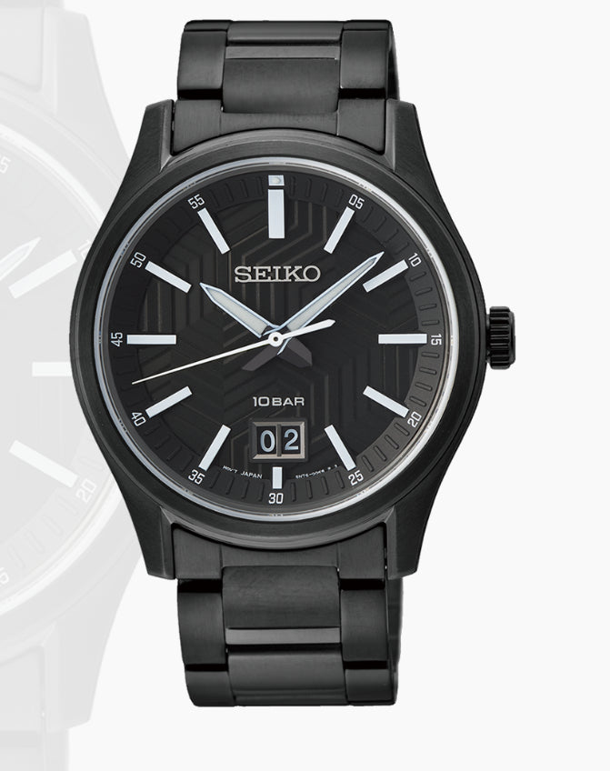 Gents Stainless Steel Black Hard Coating Seiko Quartz Watch With Big Date