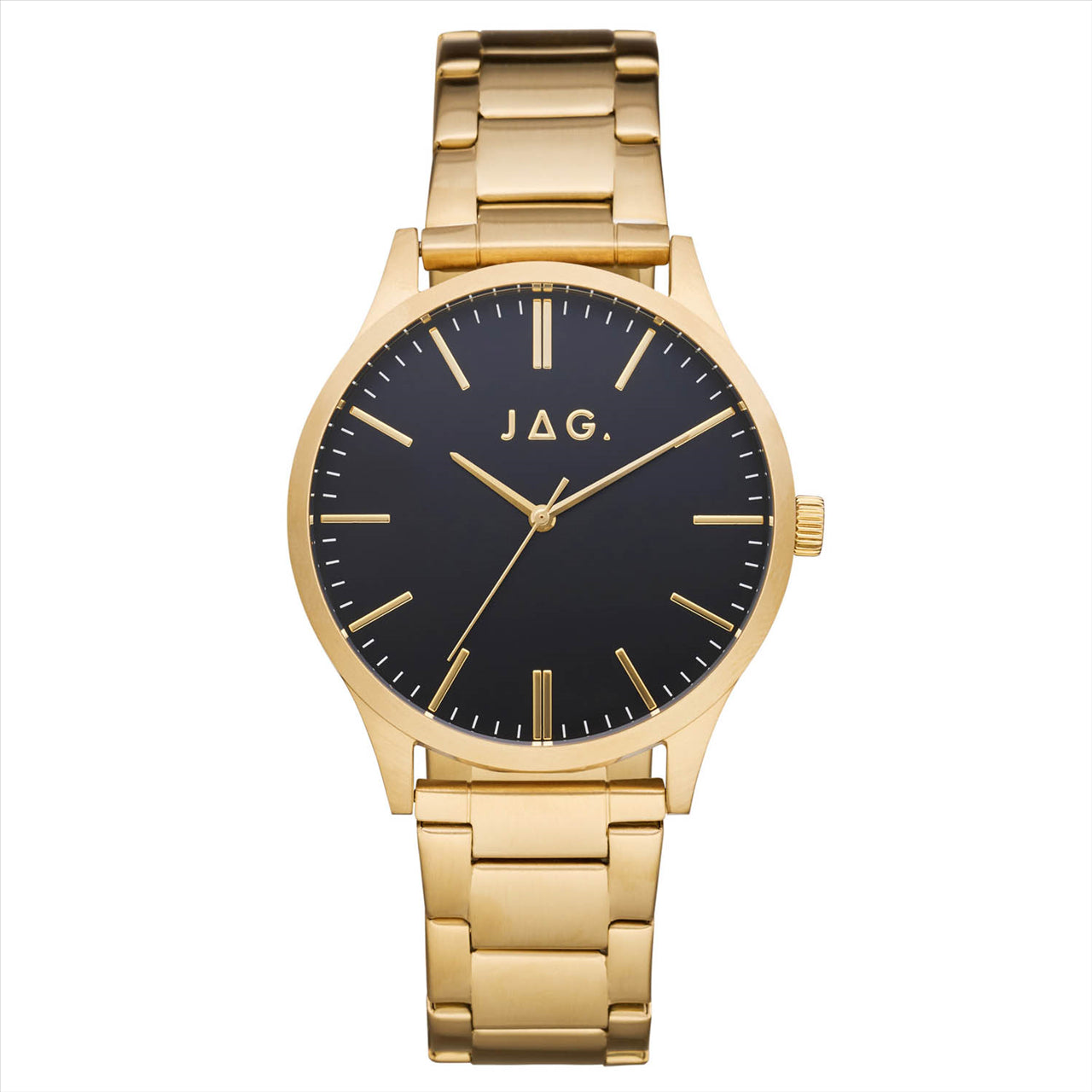Gents gold plated jag watch with black dial and gold plated bracelet band