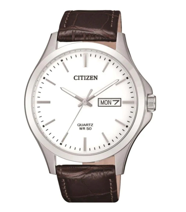 Men's Stainless Steel CITIZEN Quartz Watch with Leather Strap