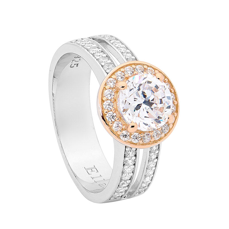 Sterling Silver White Cubic Zirconia Dress Ring with Rose Gold Plated Highlights