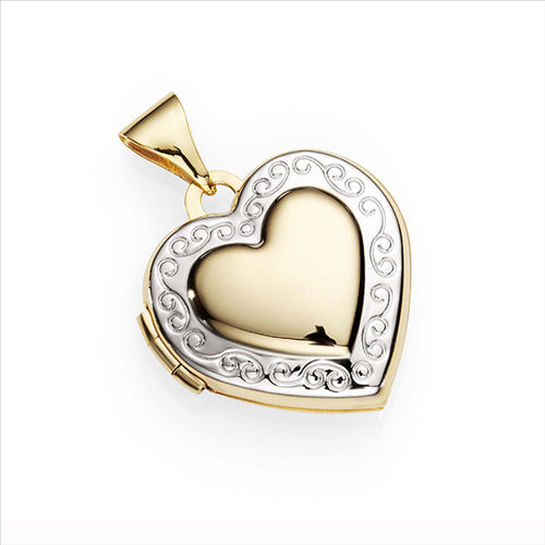 9ct Gold and Silver Fusion 15mm Embossed Border Heart Locket