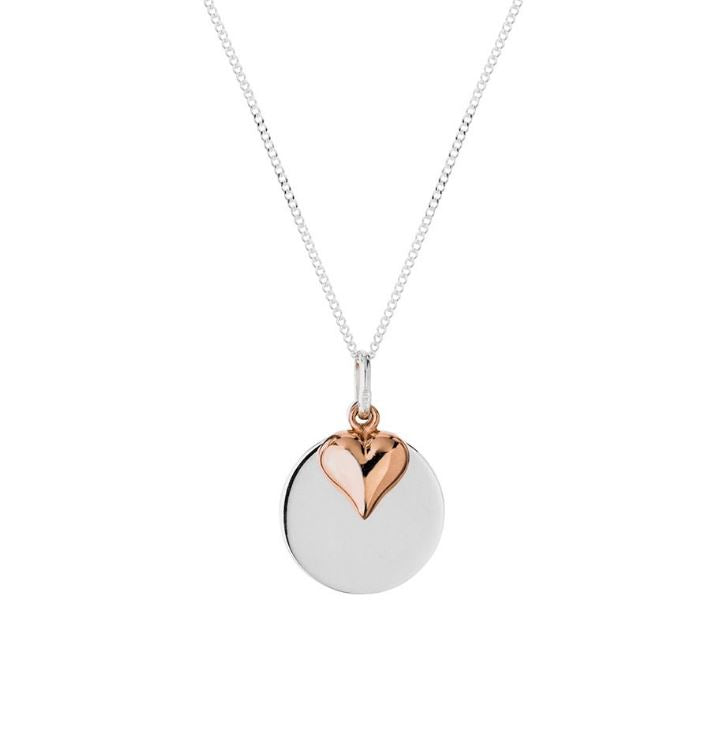 Sterling Silver Necklace With Flat Disc And Floating Rose Gold Plated Puff Heart