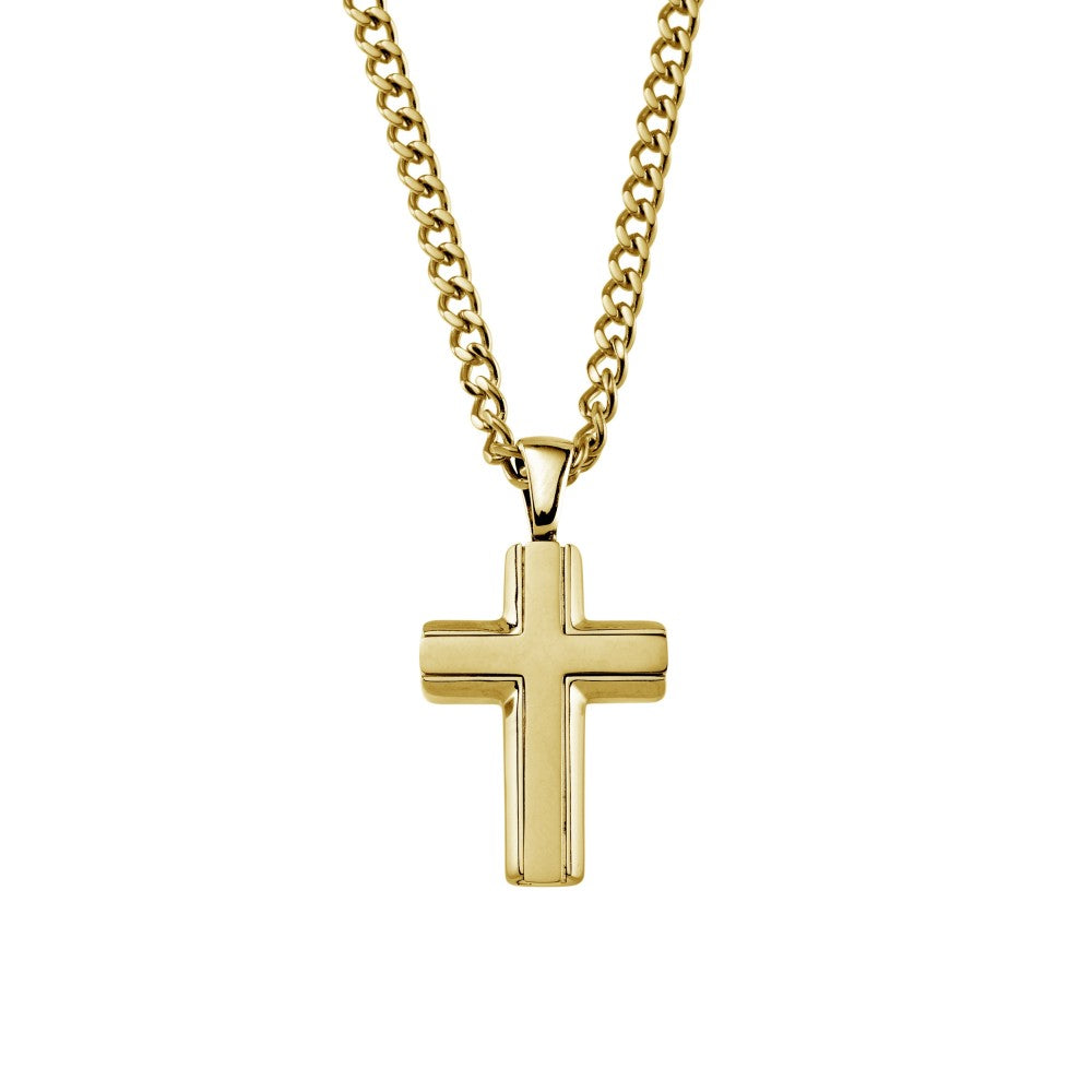 Gold Plated Stainless Steel Men's Cross Pendant With Gold Plated Curb Chain