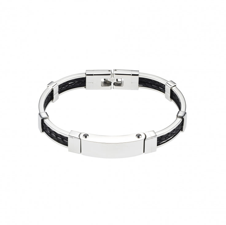 Men's Stainless Steel and Black Leather Bracelet