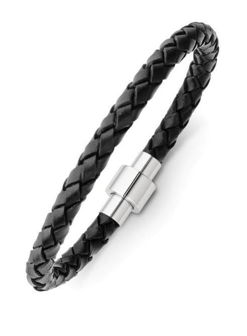 Men's Plaited Leather Bangle with Stainless Steel Clasp