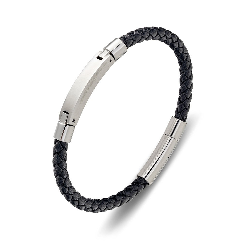 Men's Stainless Steel And Black Leather Bangle With Steel Bar Details